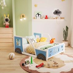 a child's bedroom with a toy train bed and toys on the floor in front of it