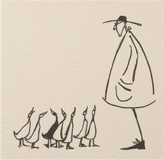 a drawing of a man standing in front of several geese