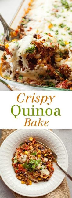 the recipe for crispy quinoa bake is shown in two different pictures