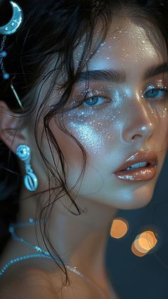 Blue Mermaid Makeup Looks, Sea Goddess Makeup, Galaxy Inspired Outfits, Galaxy Outfit Ideas, Dark Mermaid Makeup, Moonlight Outfit, Aquarius Makeup, Cosmic Outfit, Mystical Makeup