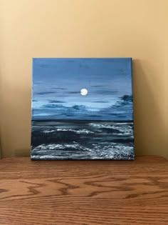 an acrylic painting of the ocean with a full moon in the sky above it