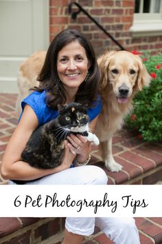 a woman sitting on the steps with her cat and dog in front of her, text reads 6 pet photography tips