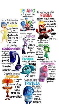 an image of different cartoon characters with spanish words in the center and below them, there are