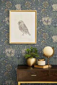 a bird is sitting on top of a dresser in front of a wallpapered background