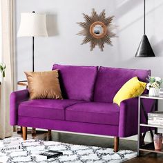 a living room with a purple couch and white rug