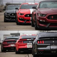 two pictures of the front and rear end of a red mustang, one with black stripes