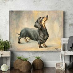 a painting of a dachshund on a wall