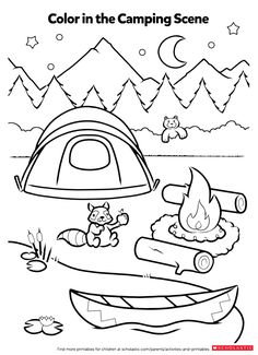 the camping scene is outlined in black and white, with an image of a tent on fire