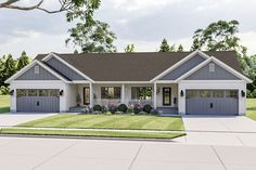 this is an artist's rendering of the front elevation of a ranch style home