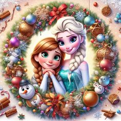 two cartoon characters are hugging in a christmas wreath