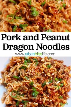 pork and peanut dragon noodle salad is shown in two different pictures with the title text overlay