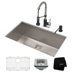 stainless steel kitchen sink with faucet and accessories