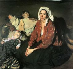 a painting of a woman and child sitting next to each other on a bed with two men in the background