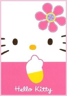 a pink hello kitty card with a flower on it's head and the words hello kitty