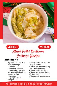 an advertisement for black folk's southern cabbage recipe, with instructions to make it