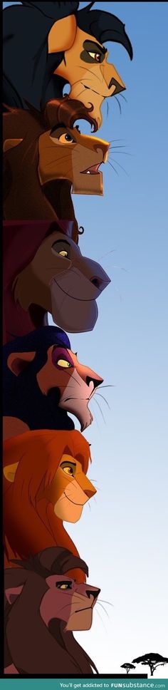 the lion king is standing in a row with his head turned to look like he's smiling