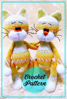 two crocheted cats sitting next to each other on top of a rug with the words crochet pattern below it