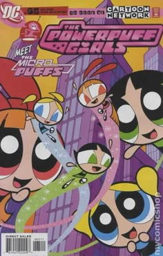 the powerpuff girls cartoon characters are flying through the air in front of tall buildings