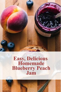 A jar of blueberry peach jam beside a piece of toast slathered with jam, with overlay text "easy delicious blueberry peach jam," showcasing a unique blueberry jam recipe and peach jam recipe. Peach Blueberry Jam Recipe, Peach Blueberry Jam, Blueberry Jam Recipe Canning, Blueberry Freezer Jam Recipe, Blueberry Ideas, Blueberry Freezer Jam, Berry Jam Recipe, Peach Freezer Jam, Jam Canning