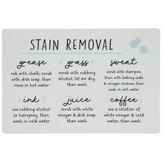 Dimensions: 4" x 6" Material: Magnet Color: White, Black & Blue Quantity: 1 Win the battle against pesky splotches with the help of this Stain Removal Magnet. This magnet features helpful tips on how to remove different stains, like grease, ink, and coffee. Three bubbles float around the top right corner for a squeaky-clean finish. Place this magnet on your washing machine to know how to clean your favorite clothes!   Text Includes:  Stain Removal Grease Rub With Chalk, Scrub With Dish Soap, The Water Grass, Easy Cleaning Hacks, Diy Cleaning Solution, Homemade Cleaning Solutions, Diy Cleaning Hacks, Stain Removal, Laundry Hacks