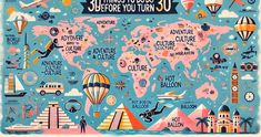 an illustrated map with the words 30 things to do before you turn 30 on it