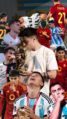 collage of soccer players holding trophies and looking up at the sky with their eyes closed