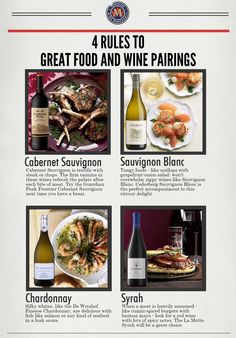 the four rules to great food and wine pairings info sheet is shown in this image