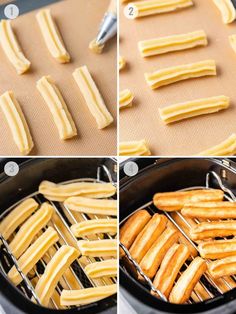 four photos showing how to make banana strips in an air fryer and then place them on a baking sheet