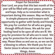 a poem written in red and white with the words prayer for december, on it