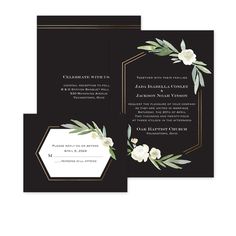 two black and white wedding cards with flowers on the front, one in gold foil