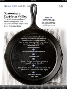 a cast iron skillet with instructions for cooking