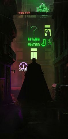 a dark alley with neon signs on the wall and a batman figure standing in front of it