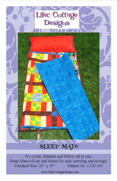 a quilted blanket and pillow on the grass with text that reads line cottage designs sleep mat