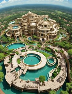 an aerial view of a large building in the middle of a green field with trees