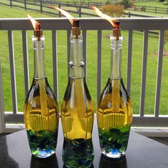 three bottles filled with liquid sitting on top of a table next to a horse field