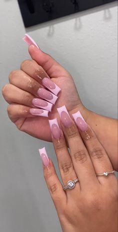 Nail Ideas For Medium Nails, Medium French Tip Acrylic Nails Pink, Pink French Tip Nails With Diamonds, Simple Pink Acrylics, Easy But Cute Nail Designs, Pink Acyrilics Nails, Medium Length Pink Nails, Medium Long Nails Ideas, Pink On Pink French Tip