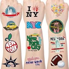 the new york city stickers are all over the body of this pair of gloves