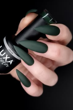 Dark green gel nail polish color pictured on long stiletto nails Dark Fall Nails Matte, Dark Green Pointy Nails, Dark Matte Green Nails, Matte Olive Green Nail Ideas, Dark Green Nails Matte, Dark Birthday Nails, Matte Forest Green Nails, Matte Emerald Green Nails, Dark Green Matte Nails