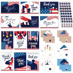 an assortment of patriotic thank cards and envelopes