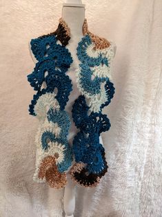 White Crochet Scarf One Size, Blue Knitted Yarn Scarf, Blue Knitted Yarn Scarves, Blue Knitted One-size Scarf, Blue Knitted Scarf One Size, Blue Knitted Scarves One Size, Blue Knitted Scarf, One Size, Blue Hand Knitted Scarf, Bohemian White Hand Knitted Scarves