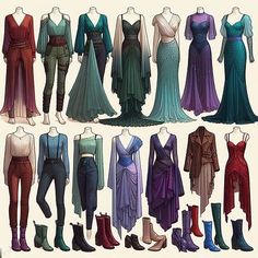 a bunch of different dresses and boots on display