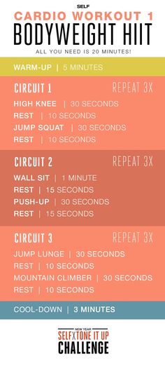 the cardio workout bodyweight hit is shown in red and blue, with instructions for each