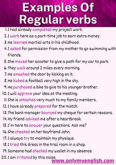 a pink poster with the words examples of regular verbs