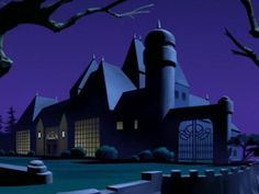 an animated image of a house at night with trees and bushes in the foreground