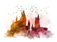 a watercolor painting of hogwarts castle in the wizard's land with birds flying over it