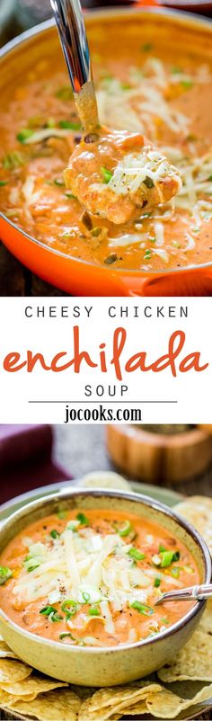 a bowl of cheesy chicken enchilada soup with tortilla chips