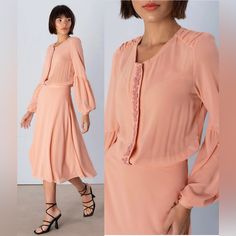 Very Elegant Style Elegant Summer Chiffon Dress With Flowy Skirt, Pink Elegant Chiffon Dress For Casual Events, Elegant Pink Chiffon Dress Down Dress, Elegant Pink Chiffon Dress Down, Elegant Pink Chiffon Dress For Casual Occasions, Feminine Spring Evening Chiffon Dress, Chic Apricot Dresses With Ruffles, Feminine Midi-length Chiffon Dress For Formal Occasions, Chic Apricot Dress With Ruffles