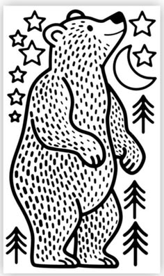 a black and white drawing of a bear standing in front of trees with stars on it