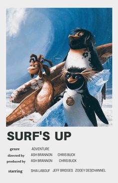 an advertisement for the movie surf's up with penguins and other animals on it