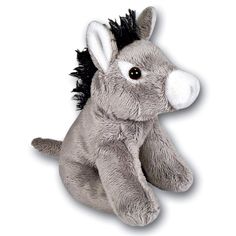 a gray stuffed animal with black hair on it's head and nose, sitting down